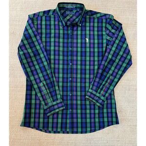 William Murray Shirt Button Down Mens XL Plaid Blue Green Performance Stretch